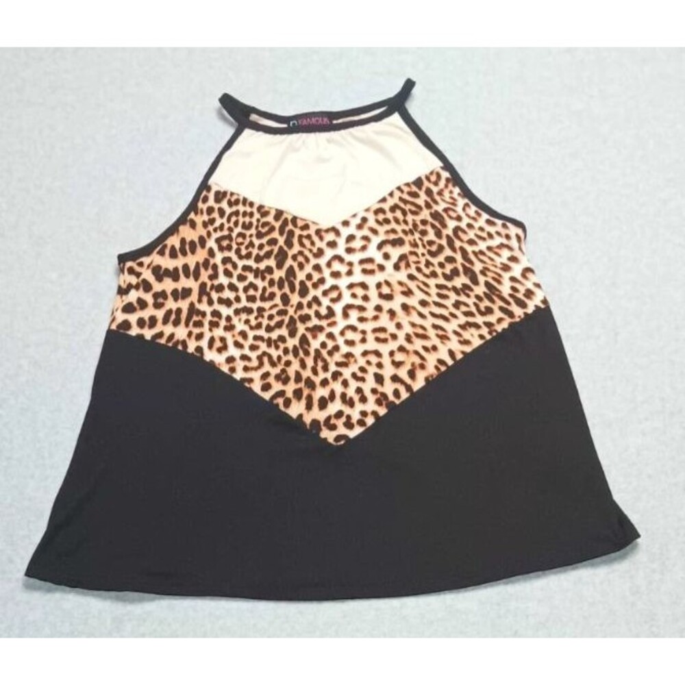 B Famous #USA Sleeveless Blouse Womens Size S Leopard Print Soft Stretch Chefron